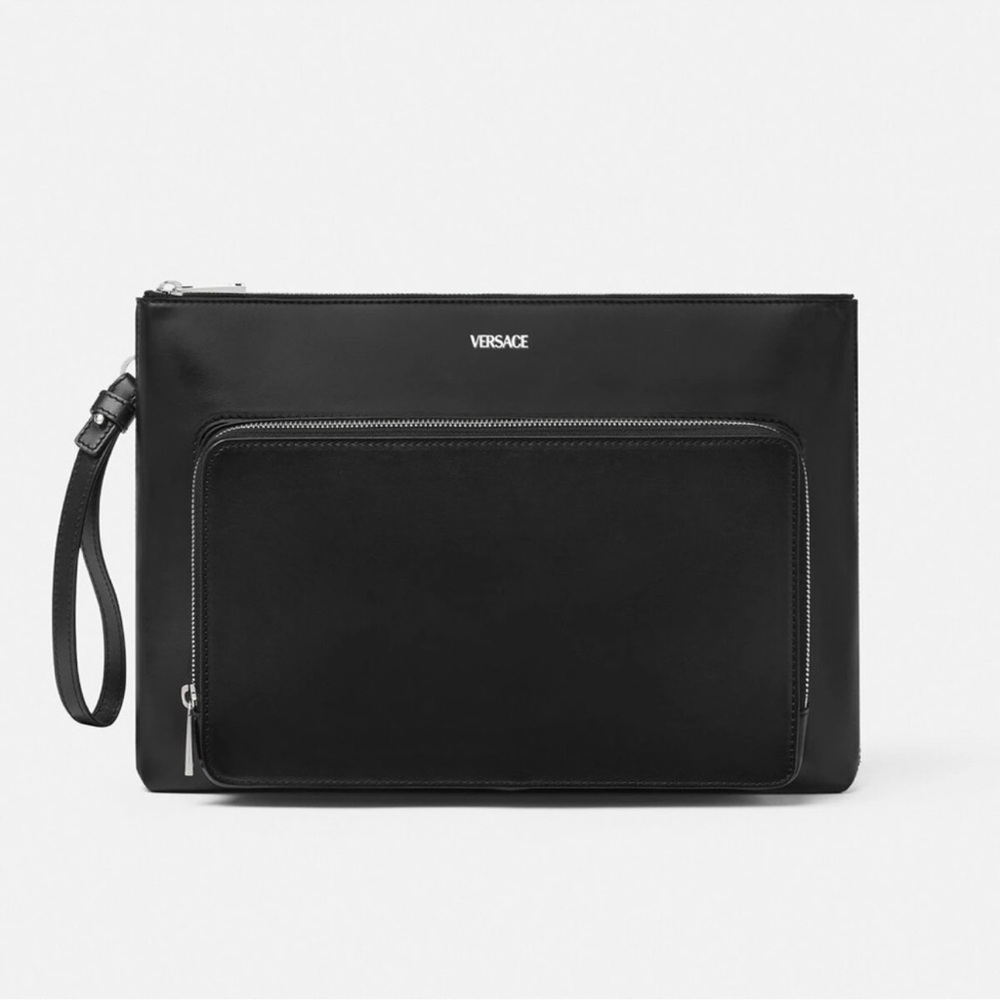 Versace Black Leather Cargo Clutch Wristlet, NWT